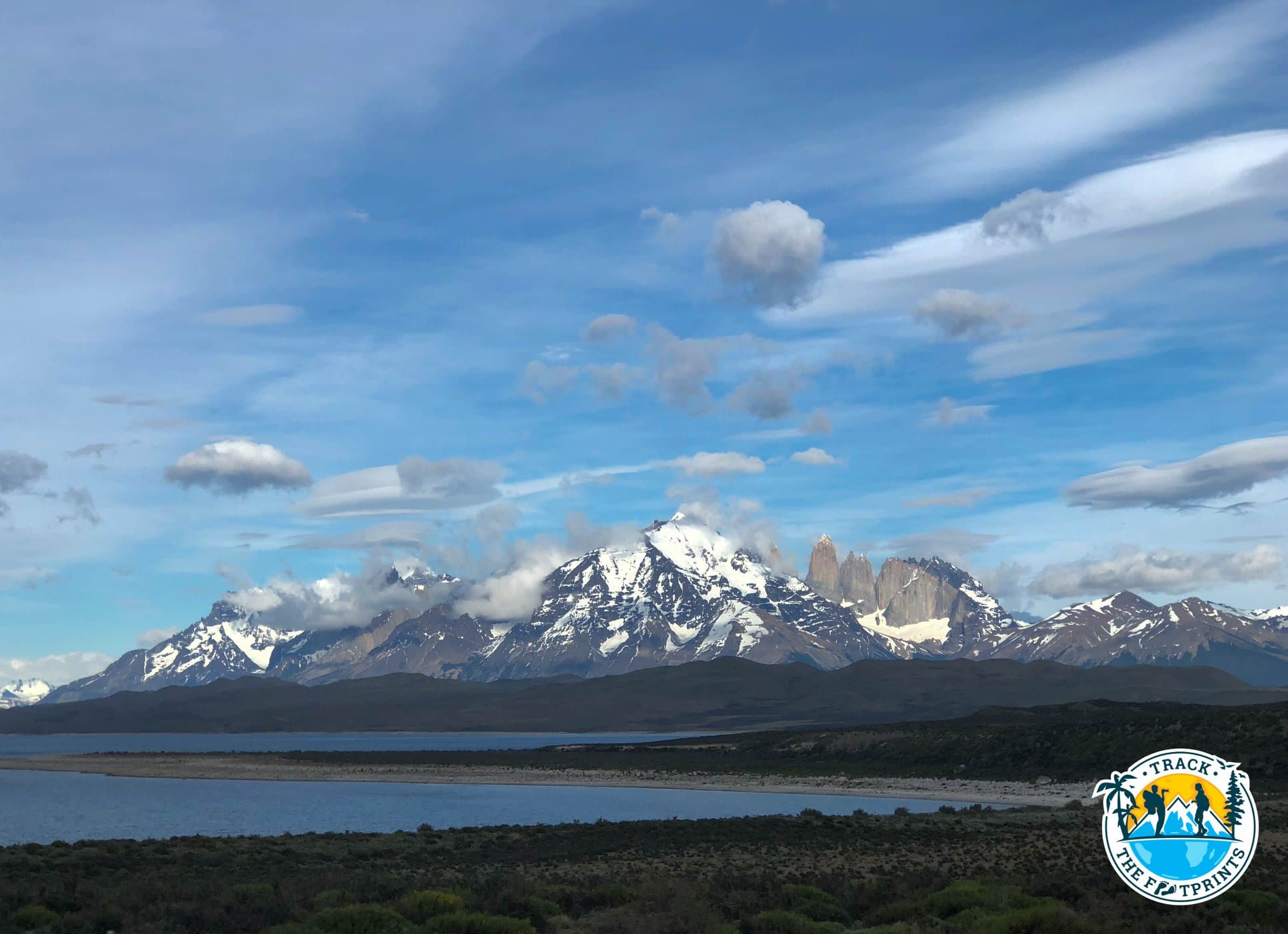 From far, in the bus, the Torres del Paine