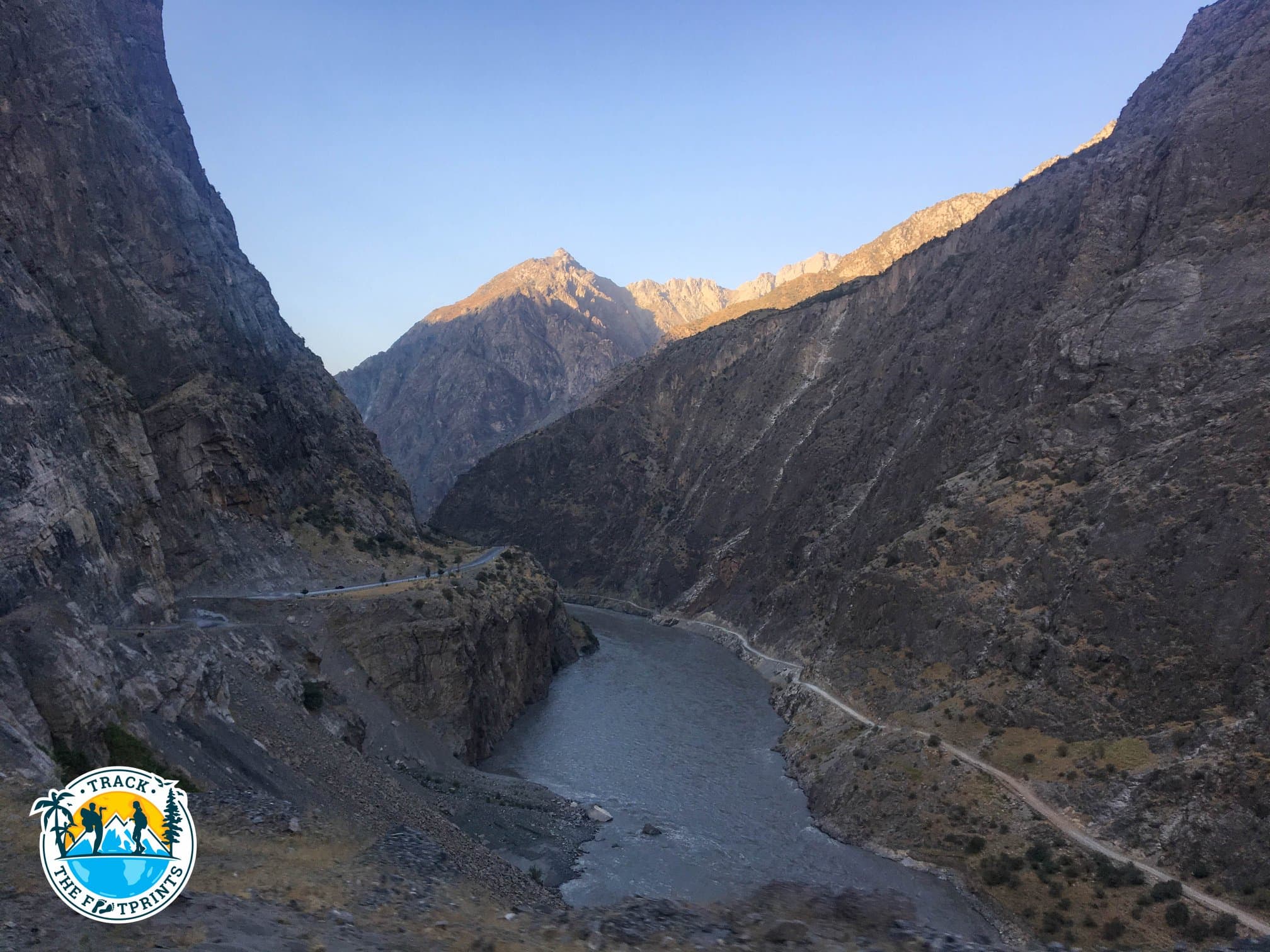 Pamir Highway — one road in Afghanistan (right), one in Tajikistan